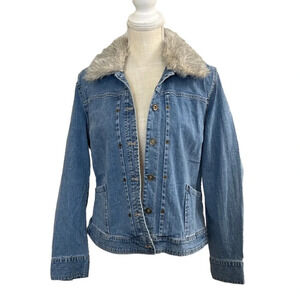 Christopher & Banks Stretch Denim Jacket with Faux Fur Collar. Size Medium